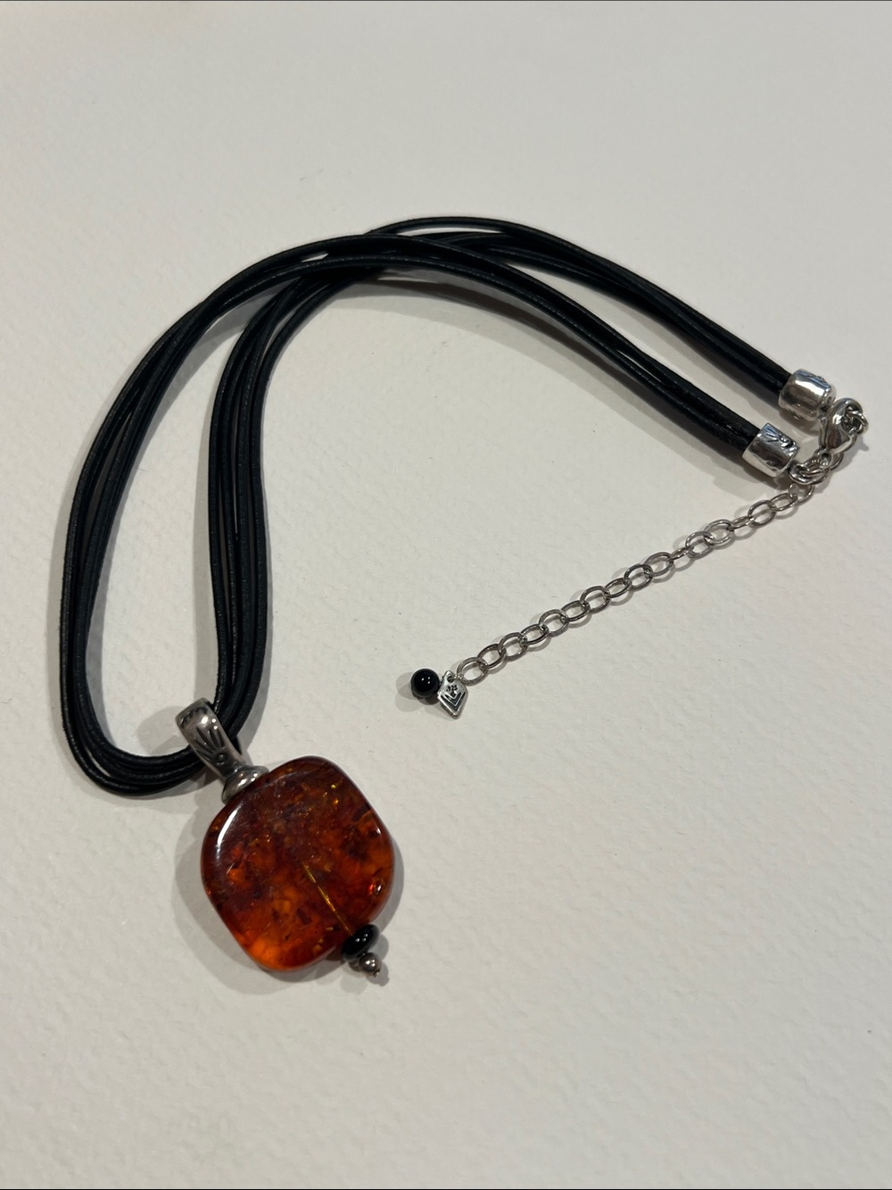 Silpada Amber Glass Pendant Necklace with Black Leather Cord